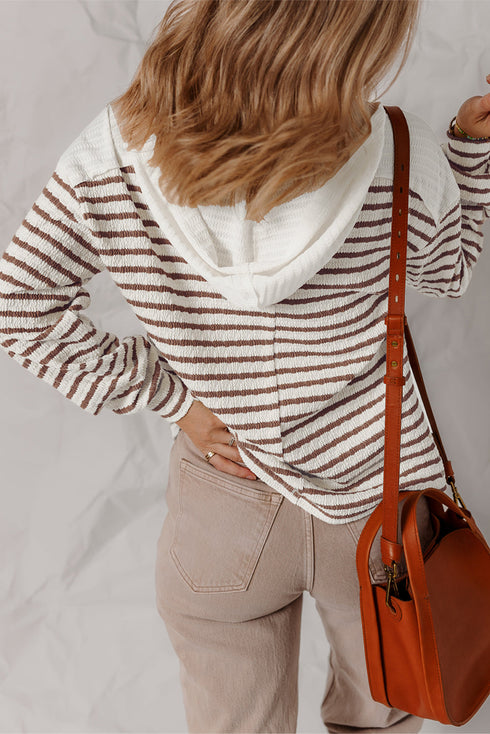Textured Stripe Notched Button Tab V Neck Drop Shoulder Long Sleeve Top